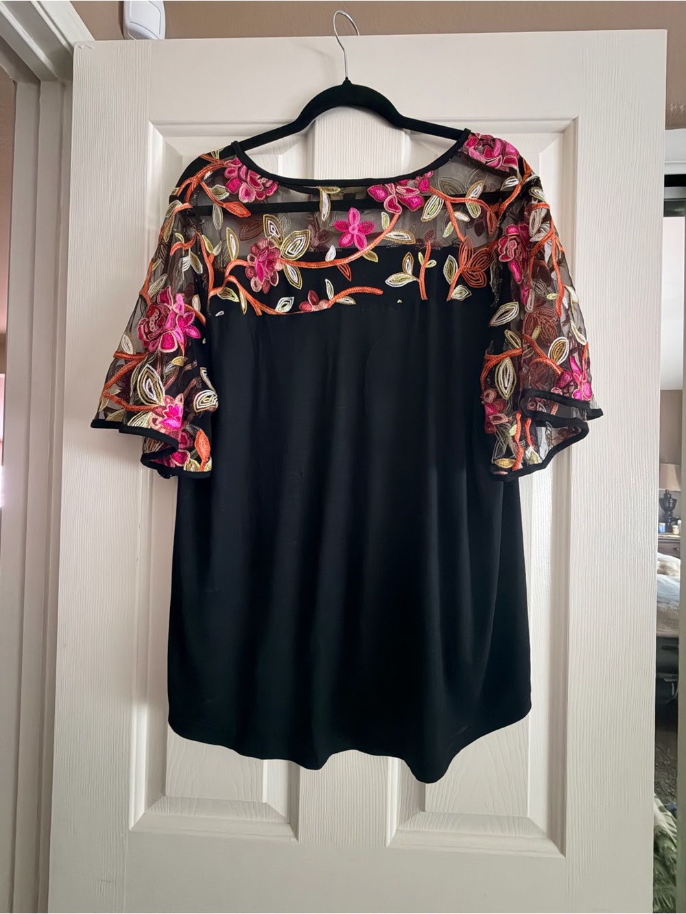 Suzanne Betro Black Tunic with Pink and Orange Floral Embroidery